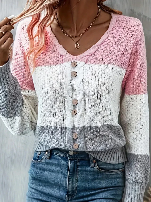 Women's Sweater Casual Color Block Cable Crew Neck Knitted Long Sleeve Regular Tops Knit Daily Pink Spring Fall4