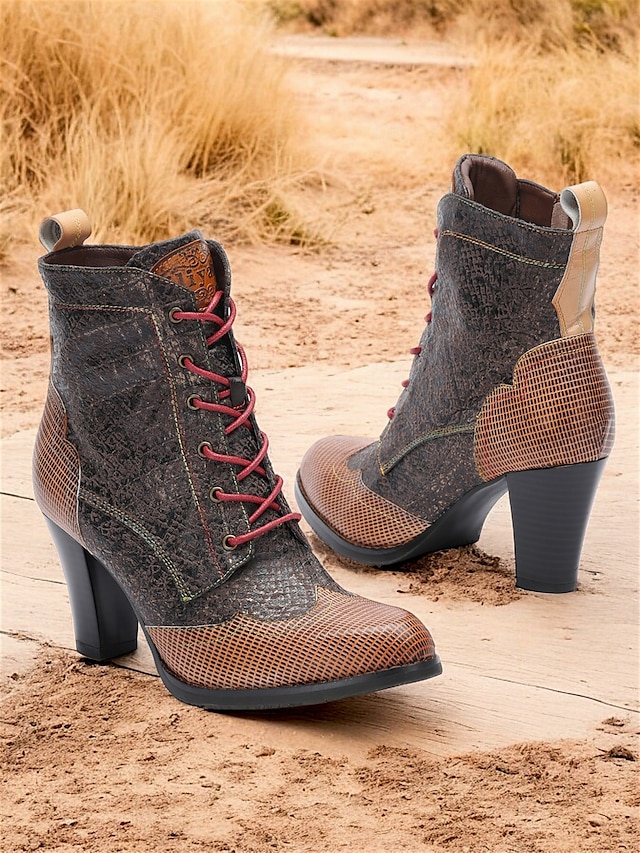  Women's Vintage Lace-Up Ankle Boots - Stylish Patchwork High Heels for Oktoberfest, Casual, and Formal Wear