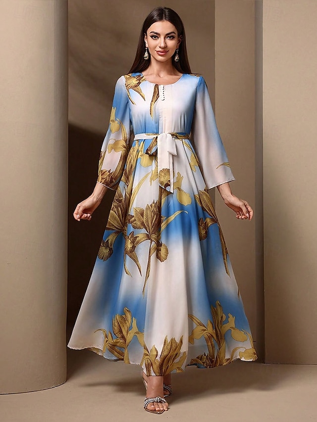  Pentru femei Rochie Lunga Rochie Maxi Rochie de epoca Rochie de Cocktail Rochie pentru invitata de nunta Rochii din Șifon Boho Zilnic Concediu Potrivire Largă Grafic Manșon Lung Stil Nautic Albastru