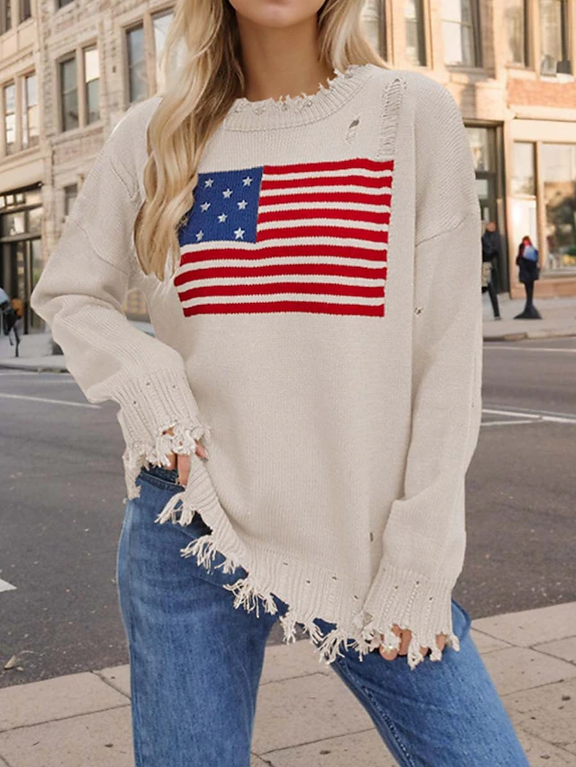 Women's Sweater Stylish Casual Solid Color Crew Neck Print Drop Shoulder Long Sleeve Long Tops Knit Daily Going out Navy Blue Beige Fall Winter 7
