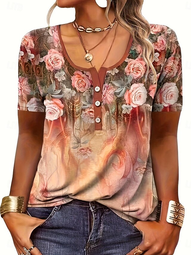 Women's T Shirt Casual Ombre Floral Buttons Short Sleeve Regular Tops U Neck Daily Rose Gold Khaki Summer 7