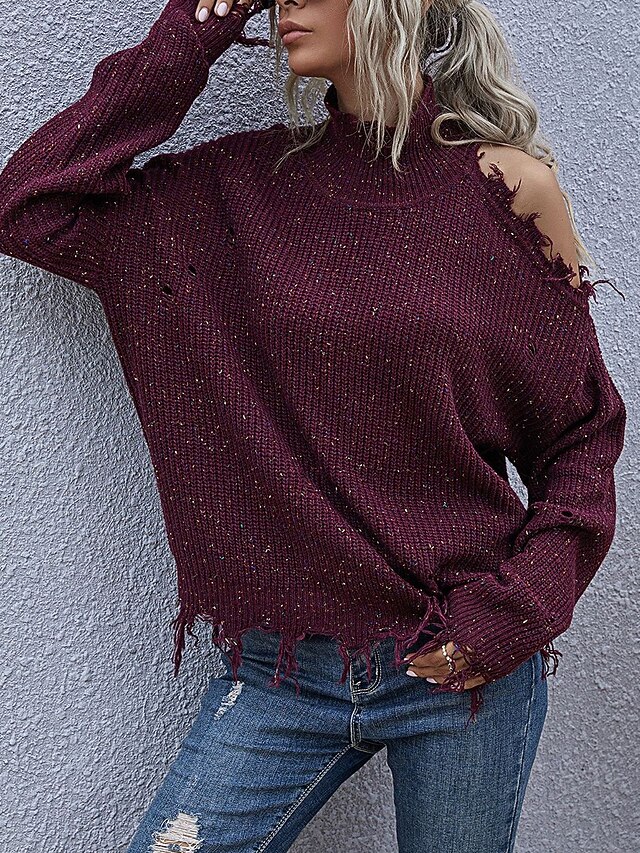 Women's Sweater Pullover Sweater Jumper Casual Sweater Casual Soft Solid Color Ribbed V Neck Knitted Long Sleeve Regular Tops Knit Outdoor Daily Weekend Wine Red Black Fall Winter 9