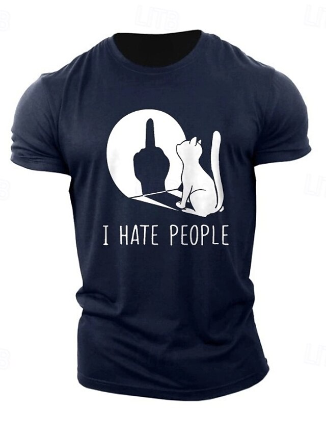  Homens Animal Gato Com letras estampadas Engraçado Camiseta T-shirt 100% Algodão Manga Curta Gráfico Camisa Preto Azul Escuro Camiseta confortável Rua Esportes Roupas de estilistas