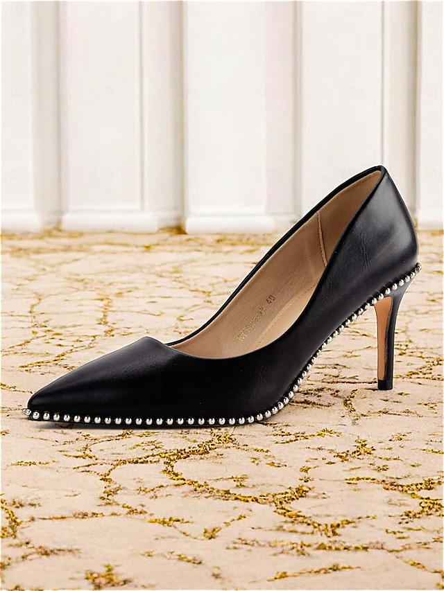 Women's Black Leather Stiletto Heels - Elegant Pointed-Toe Pumps with Pearl Trim for Weddings and Formal Occasions 6