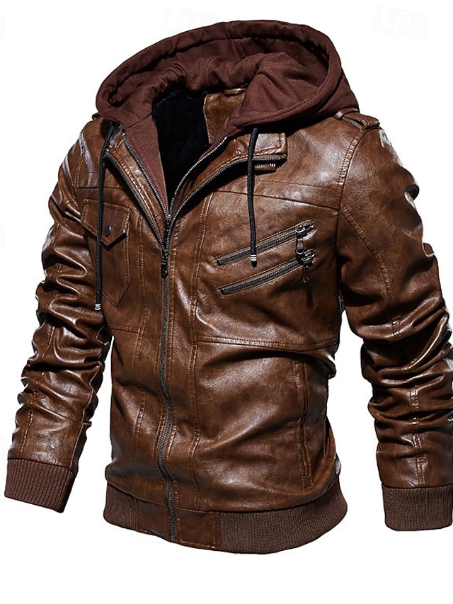  Men's Faux Leather Jacket Biker Jacket Red Leather Jacket Daily Vacation Windproof Warm Splice Fall & Winter Plain Fashion Classic Hooded Regular Faux Leather Black Wine Khaki Dark Gray Coffee Jacket