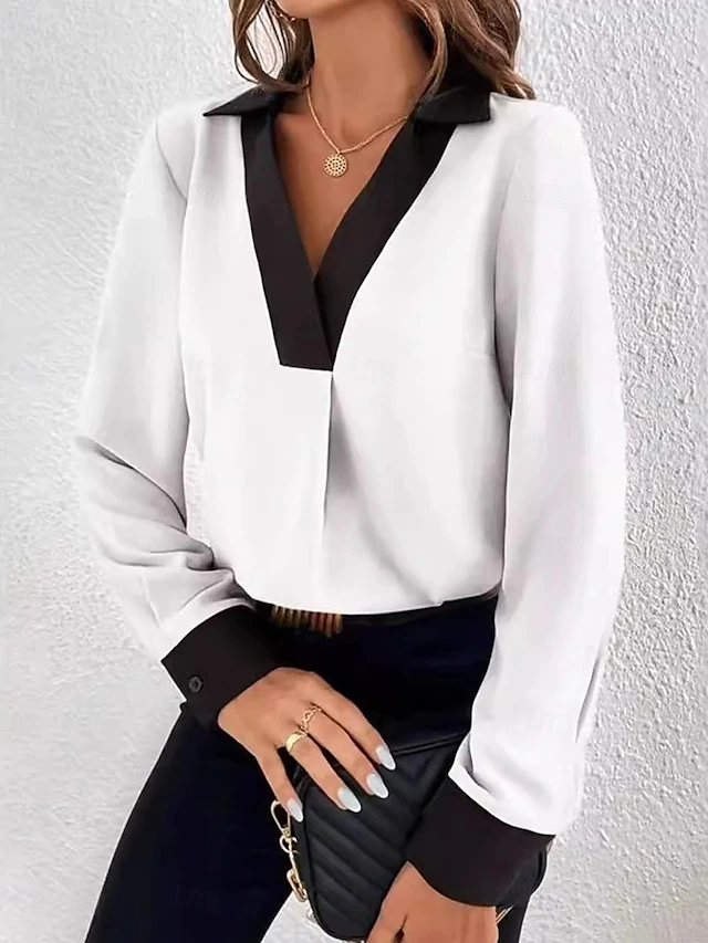 Women's Shirt Modern Long Sleeve Regular Tops Shirt Collar Work Black White Green Khaki Spring Fall Winter 10