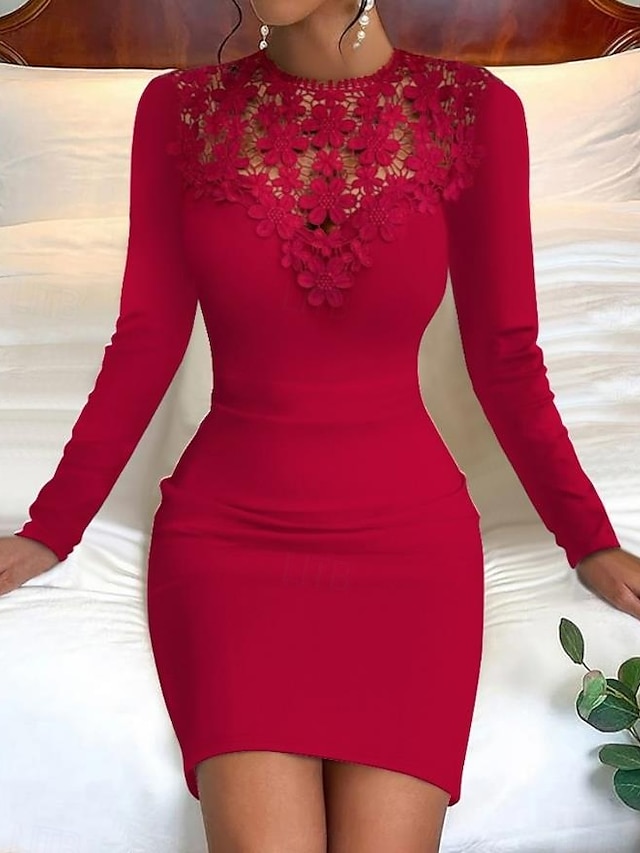  Women's Black Dress Mini Dress Lace Patchwork Vintage Casual Crew Neck Long Sleeve Black Red Color