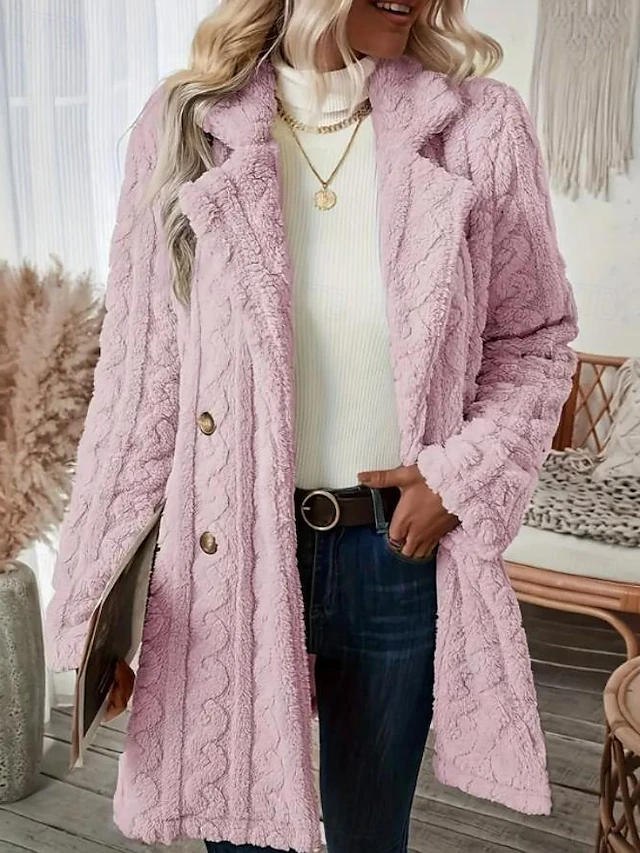 Women's Coat Outdoor Street Daily Wear Fall Winter Regular Coat Regular Fit Thermal Warm Breathable Stylish Casual Jacket Long Sleeve Solid Color with Pockets White Pink 10