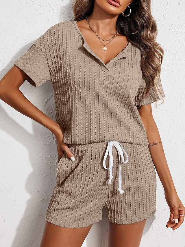  Conjunto de pijama para mujer, color puro, informal, cómodo, para el hogar, uso diario, licra, cómodo, con escote en V, manga corta, pantalón, cintura elástica, conjuntos de verano para el hogar