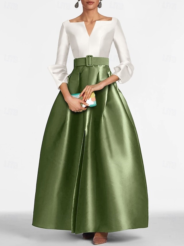  Robe de soirée A-Line élégante noire longueur sol manches 3/4 col en V avec poches satin avec fente