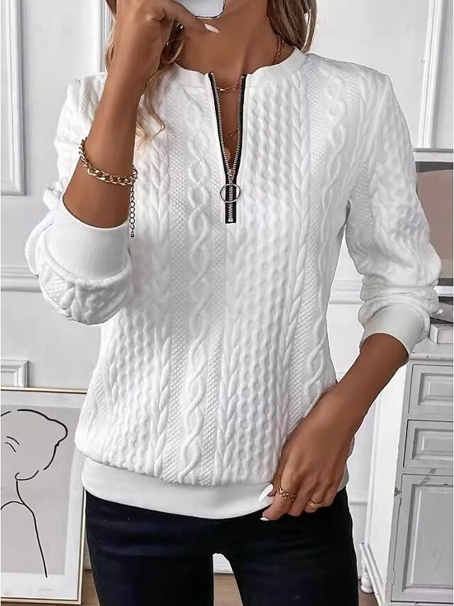 Women's Sweatshirt Elegant Modern Plain Work Crew Neck Zipper Loose Fit Long Sleeve Black White Pink Gray Spring Fall 12