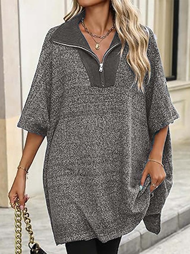  Damen Pullover Brautkleider schlicht Feste Farbe Troyer Halber Reißverschluss Zip Halbe Ärmel Lange Oberteile Stricken Täglich Schwarz Beige Herbst Winter