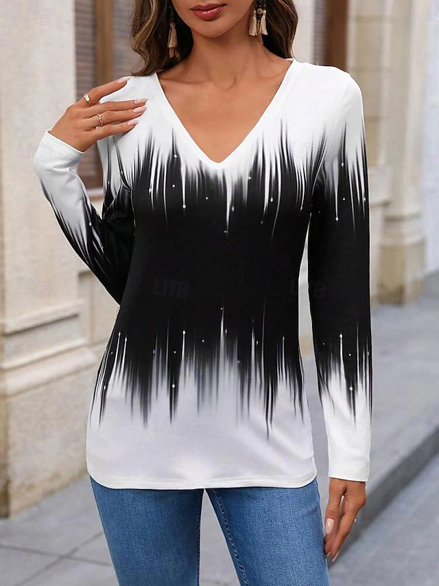 Women's T Shirt V Neck Long Sleeve Tunic Casual Color Block Print Regular Tops Daily Black Spring & Fall4