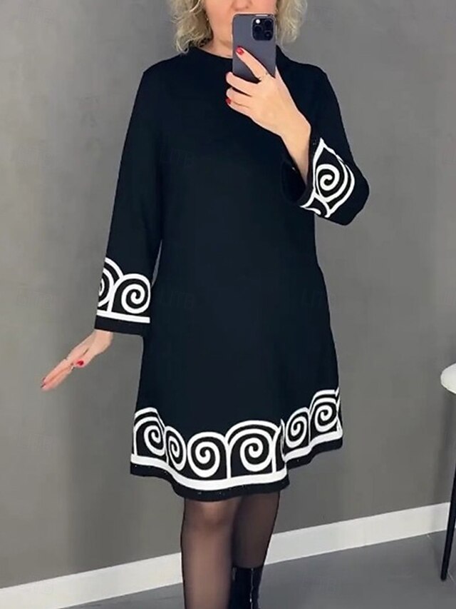 Women's Little Black Dress A Line Dress Fashion Workfashion Midi Dress Print Stand Collar Long Sleeve Geometric Loose Fit Black Spring Fall S M L XL 2XL4