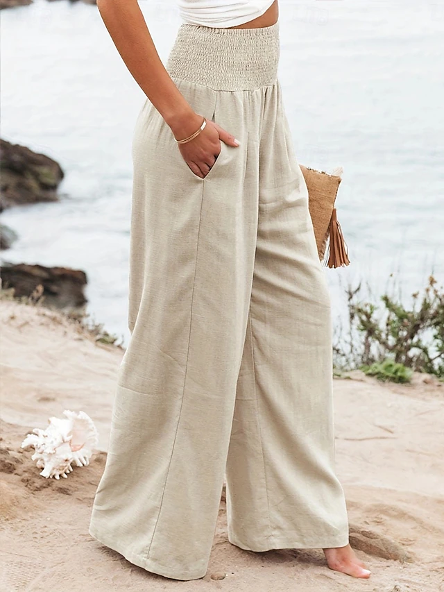 Women's Cotton Linen Shorts Linen-Inspired Pants Cotton Linen Pants Comfort Full Length Solid Color Plain Pocket Elastic Waist Causal rice white Black Summer Spring Fall 6