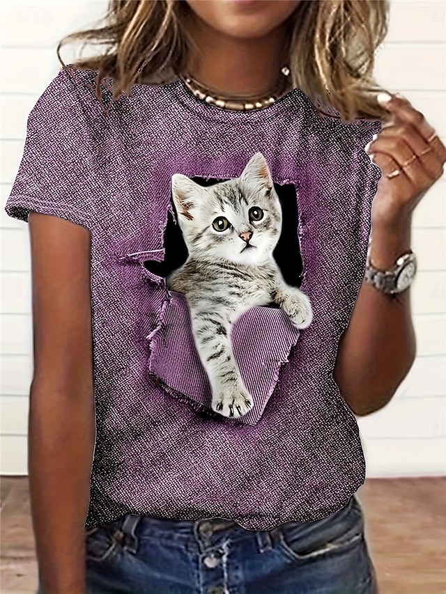  Women's T Shirt Casual Print Short Sleeve Regular Tops Daily White Purple Gray Summer