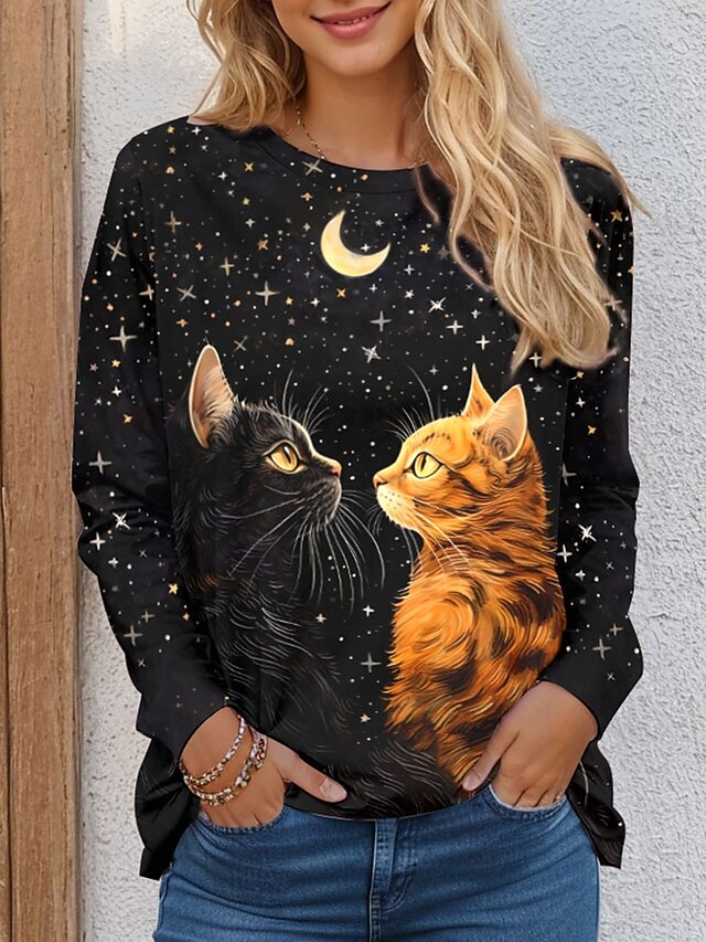 Halloween Women's T shirt Black Cat Long Sleeve Crew Neck Long Sleeve Tunic Cat Casual Regular Tops Daily Print Black Spring Fall Prefall4