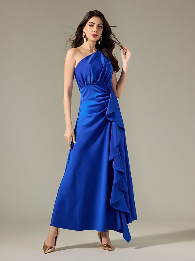 Satin Blue Sleeveless One Shoulder Ruffle Maxi Dress 12