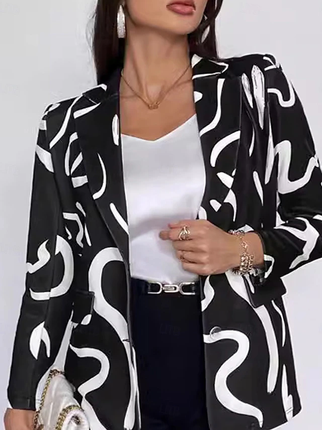 Women's Blazer Work Print Geometric Casual / Daily Stylish Regular Fit Outerwear Long Sleeve Spring Black S 6