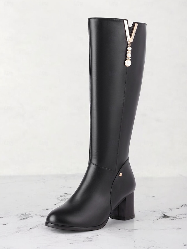  Women's White Knee-High Boots with Pearl Detailing - Elegant Footwear for Winter, Office, and Special Occasions