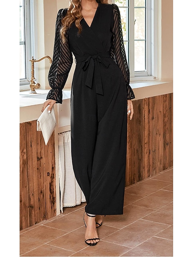  Femme Normal Combinaison Elégant Couleur unie manche longue Ample Col V Maille Patchwork Bureau Travail Mince Noir Automne