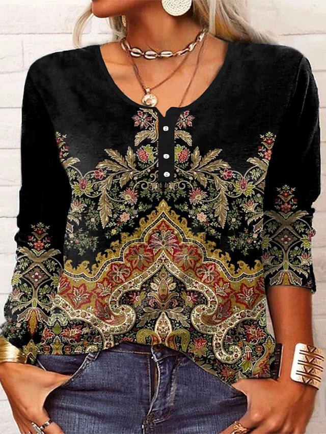 Women's T Shirt Floral Fashion Long Sleeve Round Neck Regular Tops Daily Weekend Buttons Print Black Wine Blue Green Spring & Fall 5