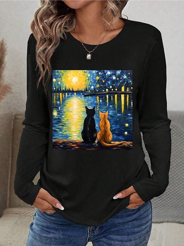  Per donna Maglietta Grafico Gatto Moda Essenziale Manica Lunga Girocollo Top Regolari Quotidiano Stampato Nero Primavera & Autunno