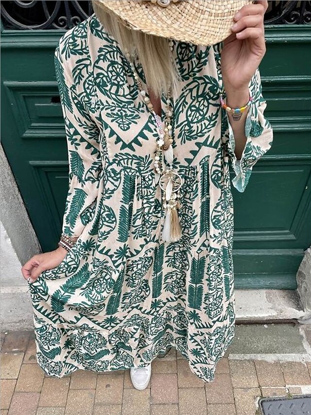 Damskie Sukienka maxi Sukienka Boho Elegancja Elegancki Urlop Codzienny Regularny Graficzny Długi rękaw Kołnierzyk koszuli Czerwony Niebieski Zielony Lato Wiosna Jesień