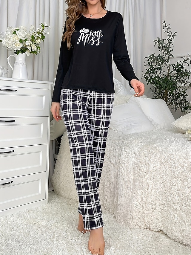  kvinnors pyjamasset rutnät / rutig bokstav mode komfort hem daglig säng andas rund hals långärmad t-shirt t-shirt byxa resår midja höst vinter hem outfits