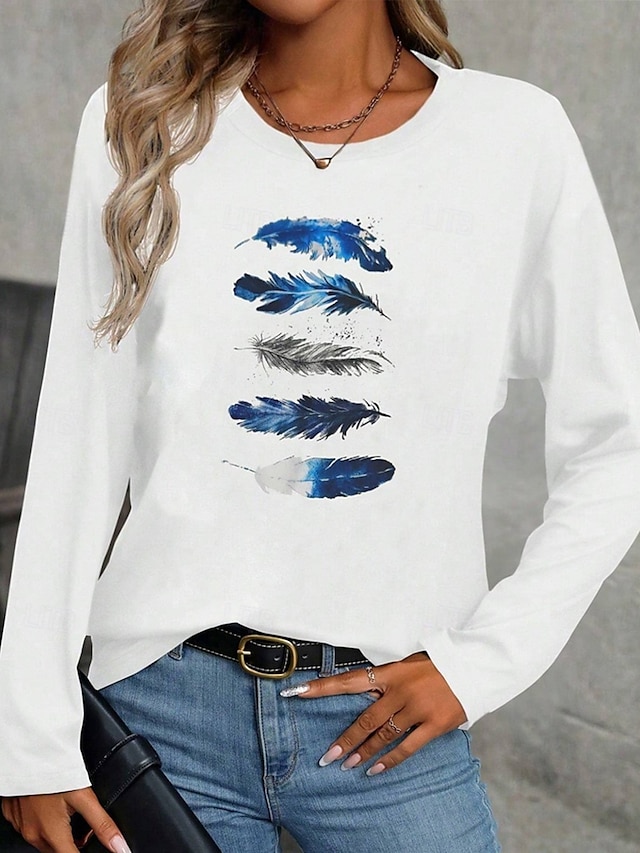  Dam T-shirt Fjäder Ledigt Långärmad Rund hals Vanliga toppar Dagligen Mönster Vit Vår Höst