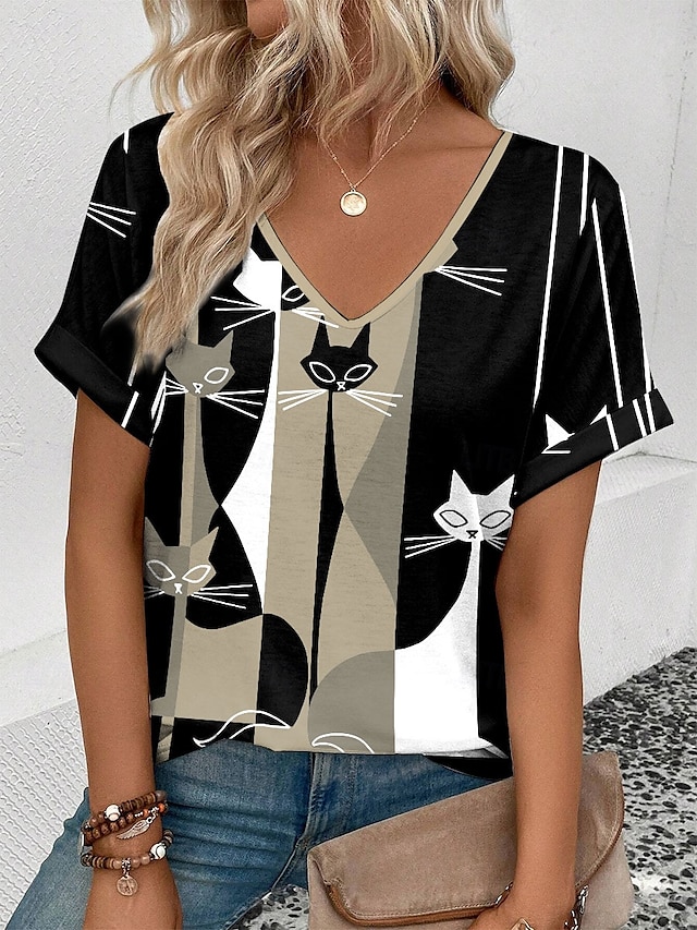 Women's T Shirt Casual Color Block Cat Print Short Sleeve Regular Tops V Neck Daily Khaki Summer4