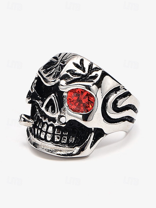  Men's Skull Rings with Red Gemstone Eyes and Intricate Carvings - Gothic Punk Jewelry for Halloween and Biker Style