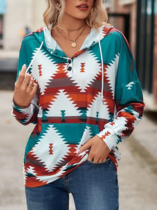 Women's Hoodie Sweatshirt Casual Geometric Dailywear Crew Neck Long Sleeve Yellow Pink Blue Green Fall Winter 11