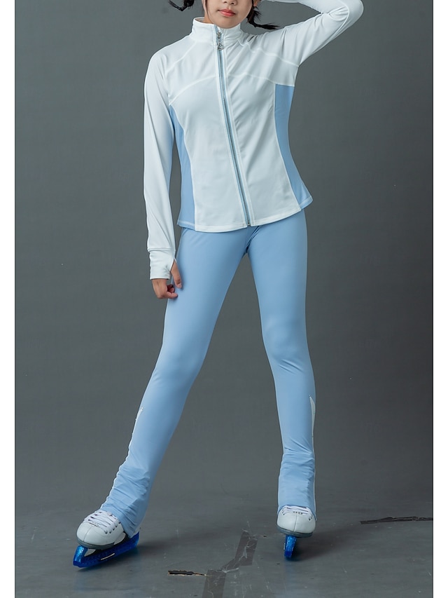  Figure Skating Fleece Jacket Figure Skating Pants Figure Skating Jacket with Pants Women's Girls' Ice Skating Jacket Tights Outfits Blue White Patchwork Thumbhole Spandex Stretchy Training Practice