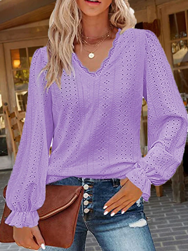 Women's White Elegant Lace Tops Eyelet Blouse Stylish Solid Color Eyelet Puff Sleeve Long Sleeve Regular Tops V Neck Daily Romantic Petite Tops Summer Holiday Wear White Pink Purple Green Spring Fall 7