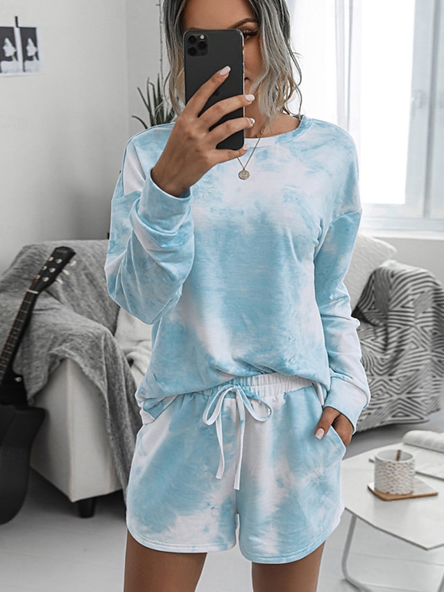  dam loungewear pyjamasset 2 delar tie dye casual comfort hem crew neck rosa blå hemoutfits
