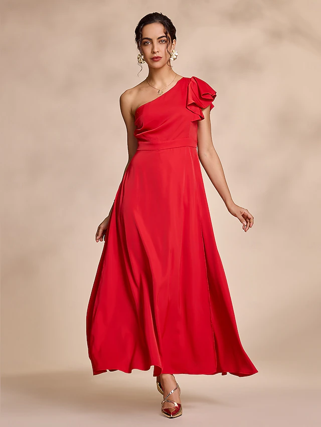 Red Satin Peplum Hem Solid Party/Wedding Guest Maxi Dress dress to impress 2024 14