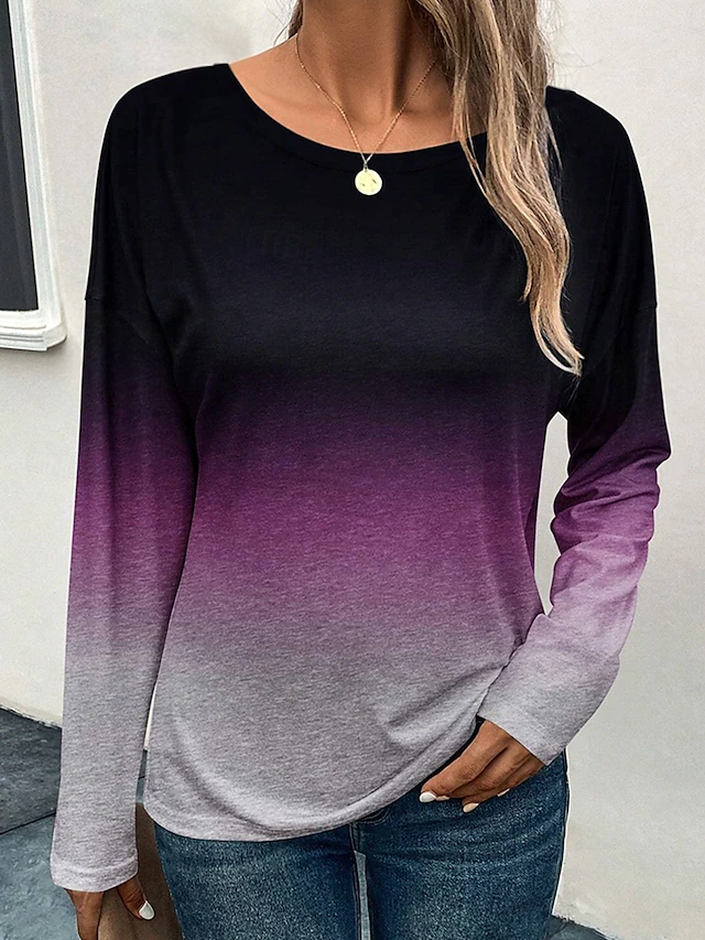 Women's T shirt Crew Neck Long Sleeve Tunic Color Gradient Casual Round Neck Regular Tops Daily Weekend Print Red Blue Purple Gray Spring & Fall 10