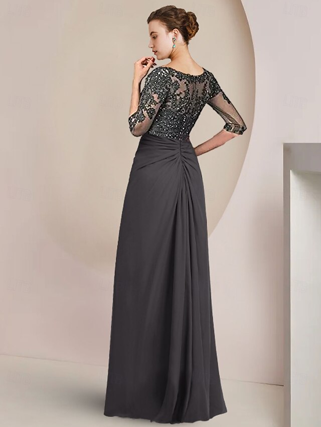Black-Gold Floor Length Ruched 3/4 Sleeves Sheath Mother of the Bride Dress