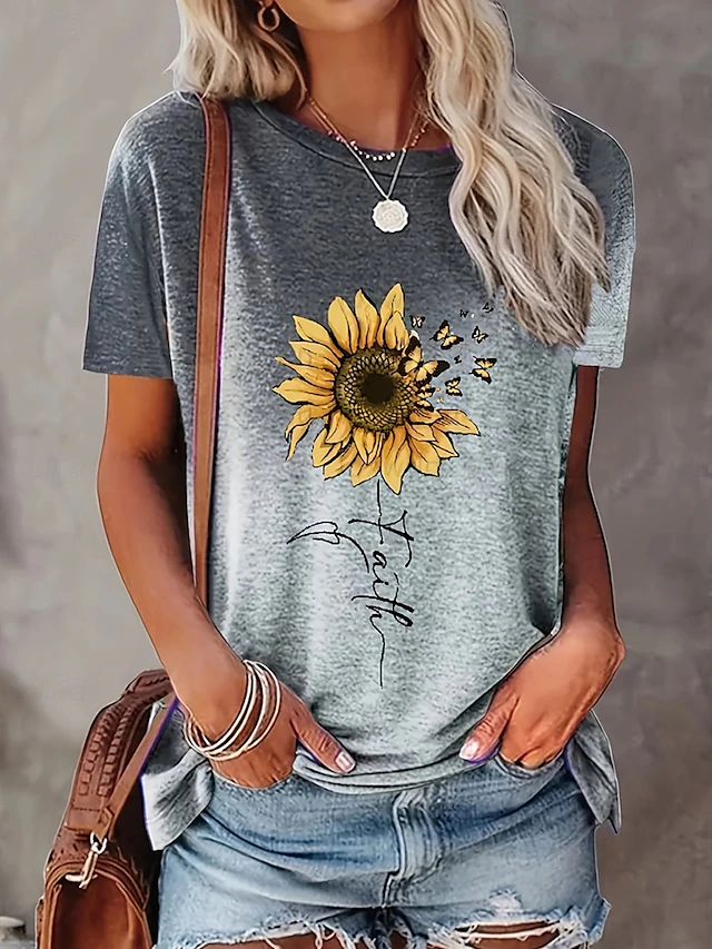 Women's T Shirt Casual Print Short Sleeve Regular Tops Daily Purple Green Gray Summer 9