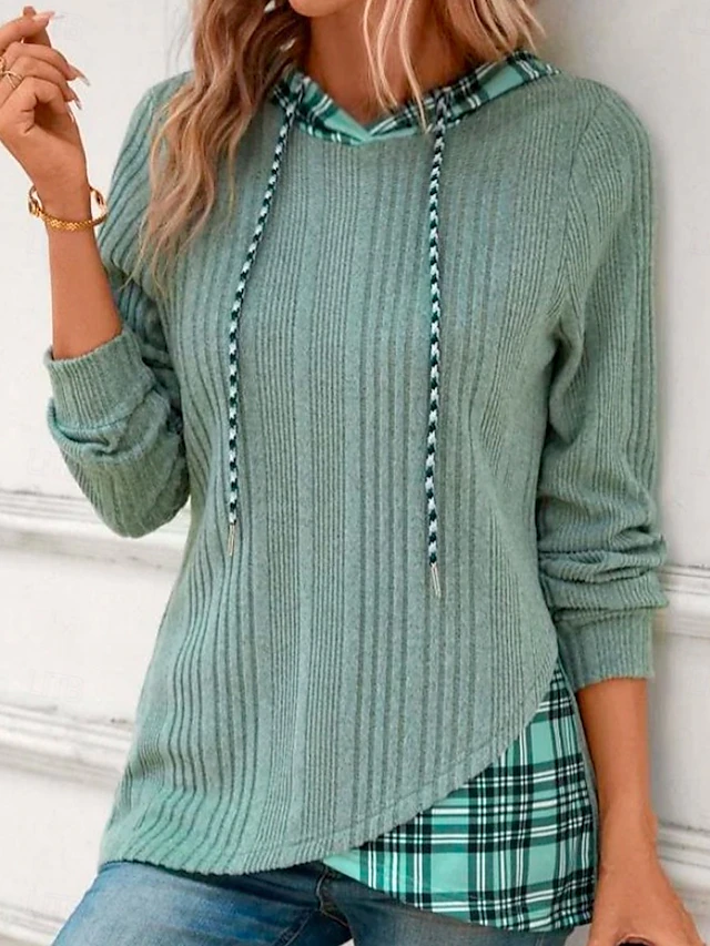 Women's Hoodie Sweatshirt Casual Street Dailywear Hoodie Patchwork Print Long Sleeve Green Fall Winter 5