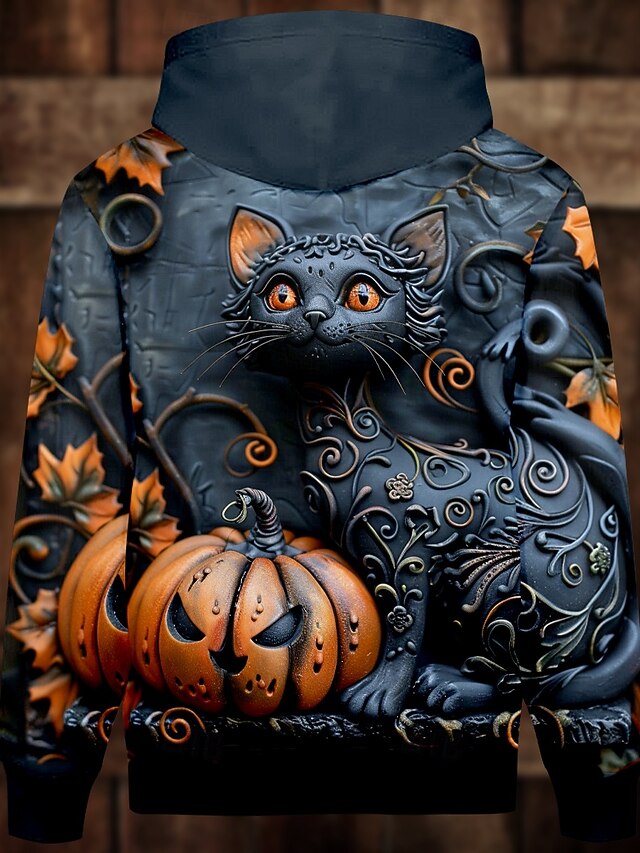  Gato Calabaza Hombre Moda Impresión 3D Sudadera Halloween Sudaderas Negro Con Capucha Bolsillo Impresión 3D Otoño Invierno Diseñador Sudadera con capucha