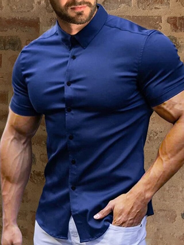  Men's Summer Shirt Button Up Shirt Casual Shirt Black White Red Green Dark Blue Short Sleeve Plain Turndown Street Vacation Button-Down Clothing Apparel Fashion Leisure