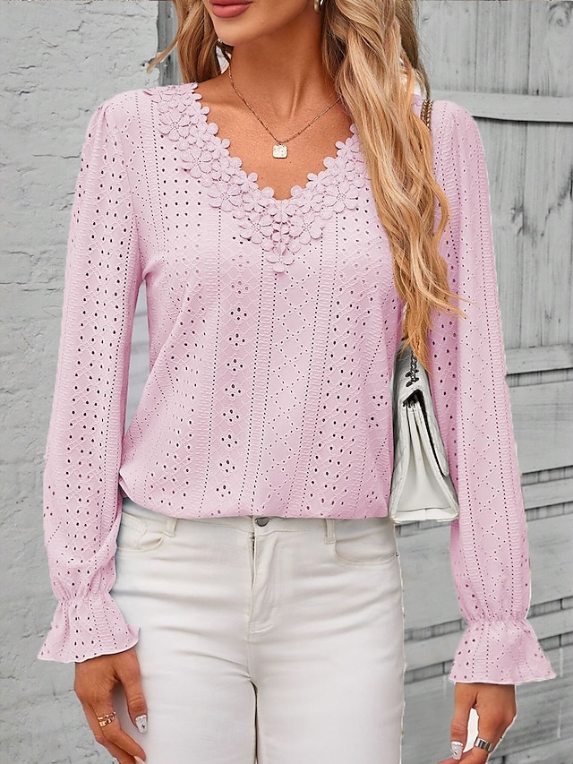  Women's Elegant Lace Tops Eyelet Blouse Solid Color Lace Eyelet Flutter Sleeve Long Sleeve Regular Tops V Neck Daily Romantic Petite Tops Summer Holiday Wear Pink Blue Purple Green Spring Fall