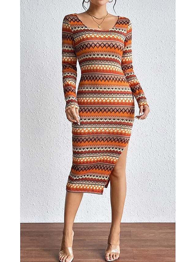 Women's Midi Dress Vintage Dress Boho Dress Elegant Retro Casual Daily Holiday Loose Fit Graphic Geometric Long Sleeve Crew Neck Orange Spring Fall4