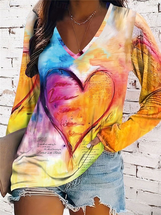  Women's T Shirt Casual Print Long Sleeve Regular Tops V Neck Daily Yellow Pink Blue Spring &  Fall