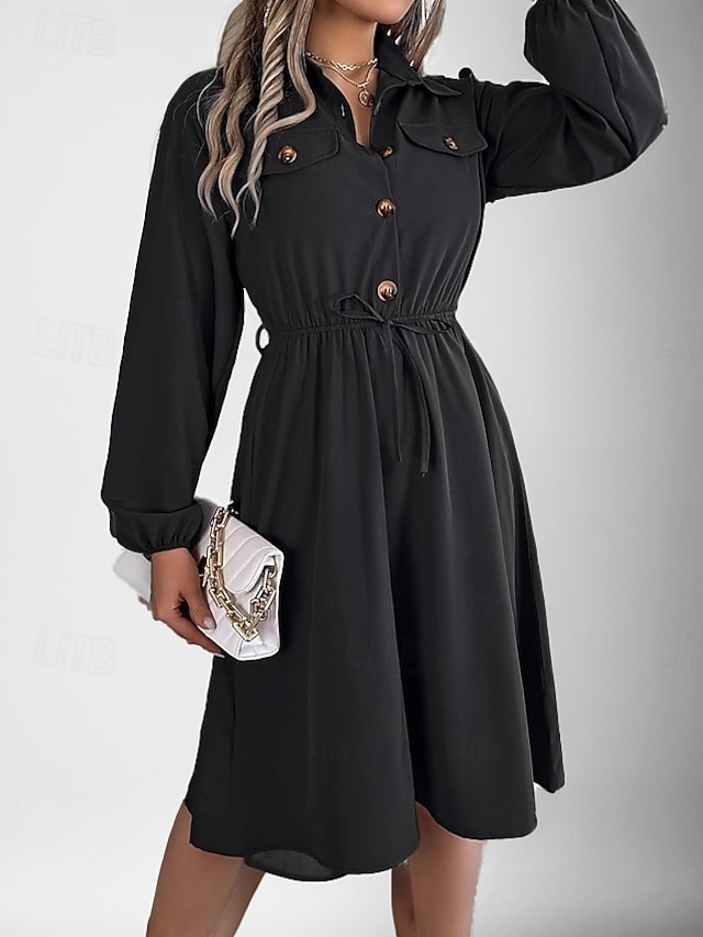  Damen Arbeitskleidung A Linie Kleid Modisch Täglich Arbeitsmode Bischof Midikleid Gefaltet Taste Hemdkragen Langarm Glatt Regular Fit Schwarz Wein Khaki Frühling Herbst S M L XL