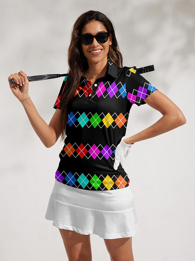 Women's Golf Polo Shirt Black Short Sleeve Sun Protection Top Plaid Ladies Golf Attire Clothes Outfits Wear Apparel 11