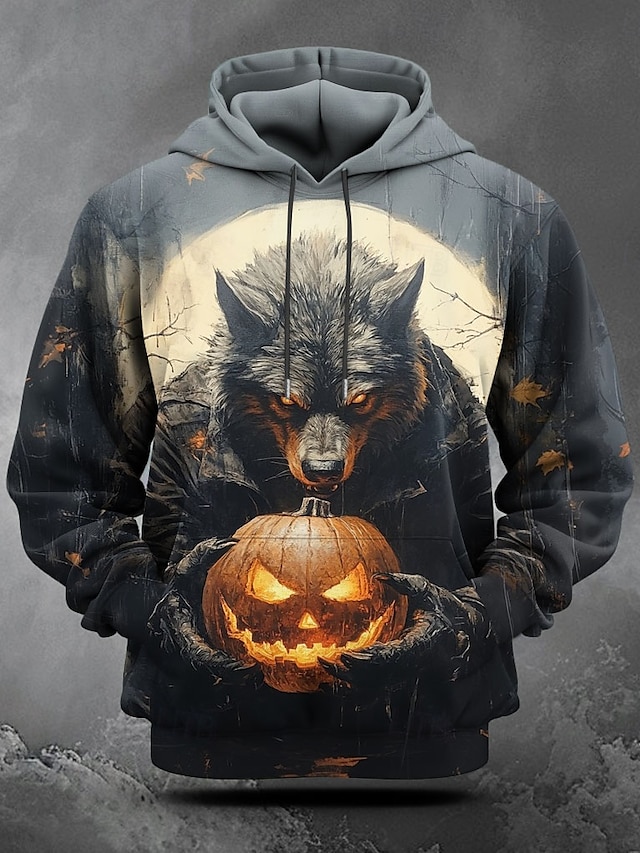  felpe con cappuccio da uomo con stampa 3D, colore comfort, zucca, lupo mannaro, moda, felpe con cappuccio, felpe con cappuccio di Halloween, nere