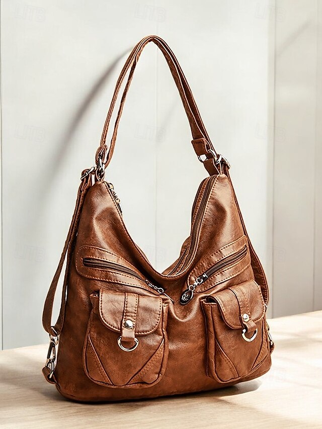  Women's Brown Faux Leather Hobo Bag with Multiple Pockets in Casual Boho Style for Everyday Use